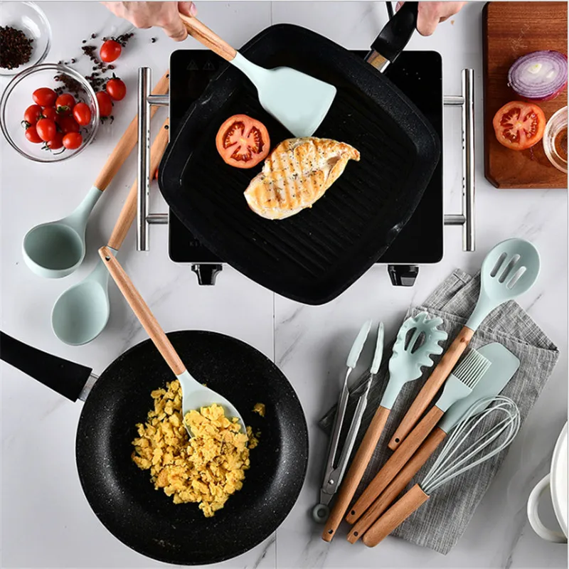 9/10/12PCS Silicone Cooking Utensils Set Non-stick Spatula Shovel Wooden Handle Tools With Storage Box Kitchen | Дом и сад