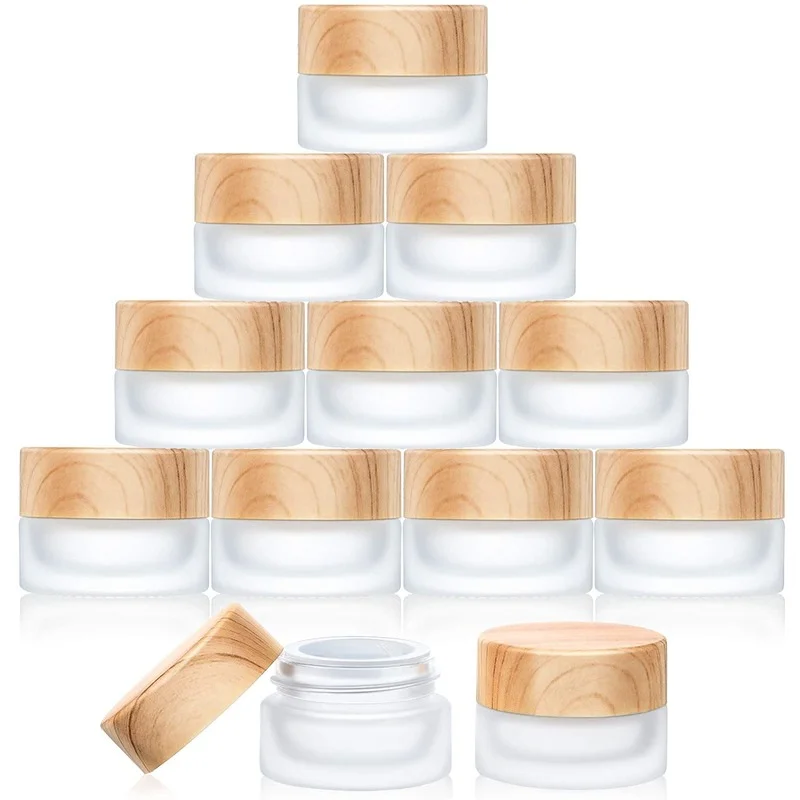 

10Pcs 5g 50g 100g Glass Cosmetic Containers Empty Sample Jars with Wood Leakproof Lids Makeup Sample Lotion Cream Cosmetic