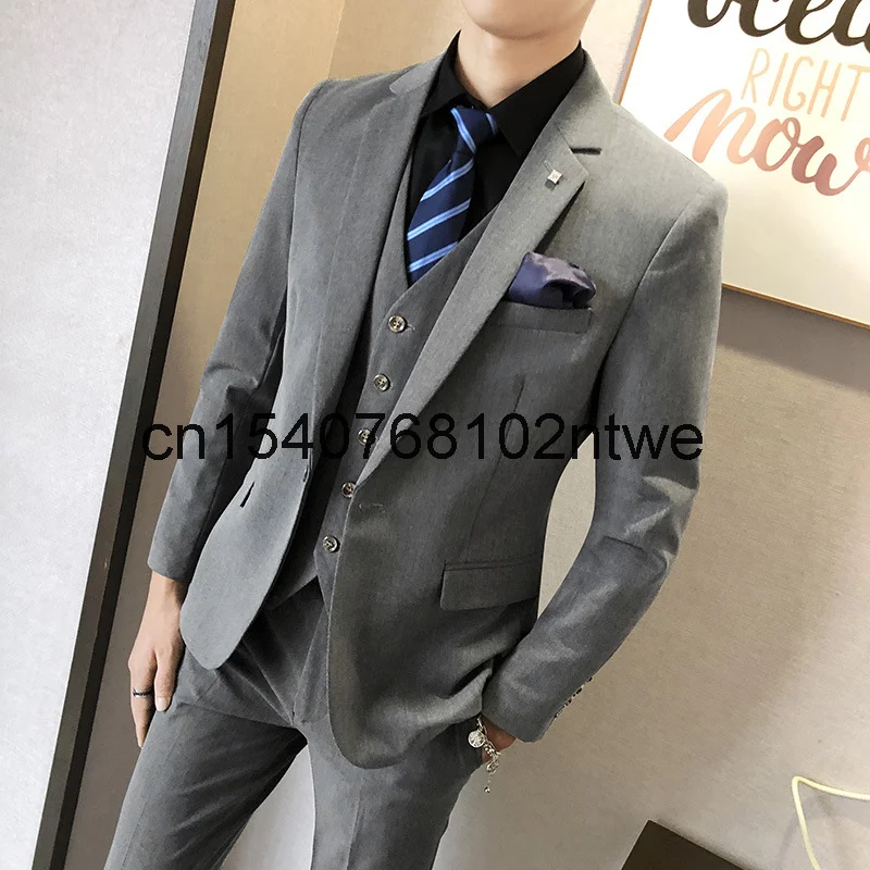 

Новинка Осень-зима 2021 модный мужской красивый костюм большого размера корейский облегающий однотонный Свадебный Комплект из трех предмето...