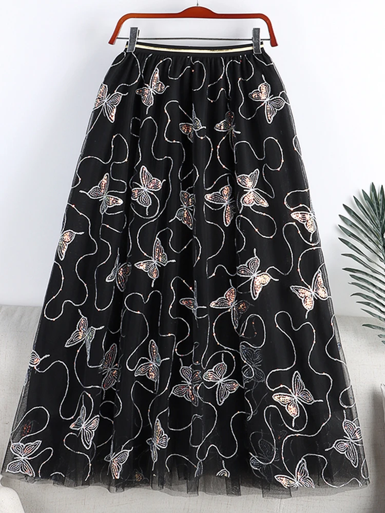

TIGENA Fashion Tulle Skirt Women with Sequin Butterfly 2022 Spring Summer Korean Cute A Line High Waist Midi Long Skirt Female