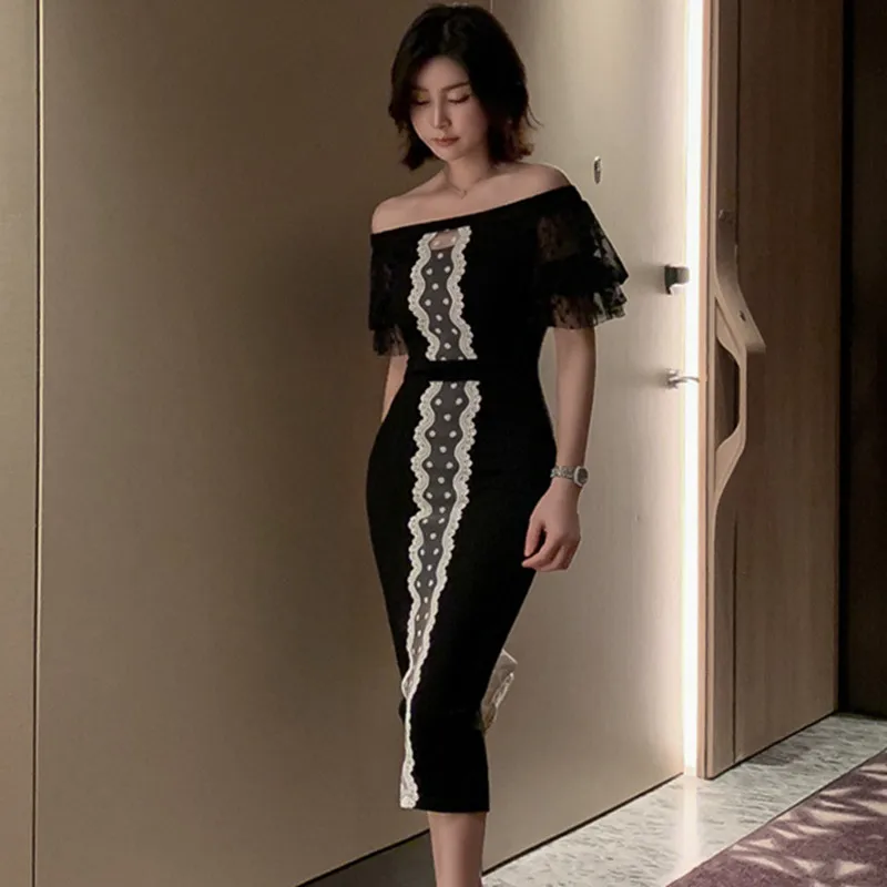 Женские корсет с короткими рукавами и открытыми плечами Платье черного цвета для