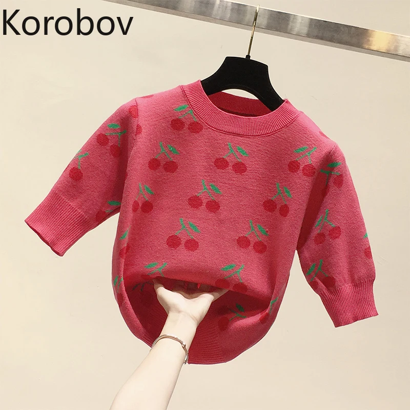 Korobov/Новинка Пуловер с вышивкой вишни и коротким рукавом круглым вырезом