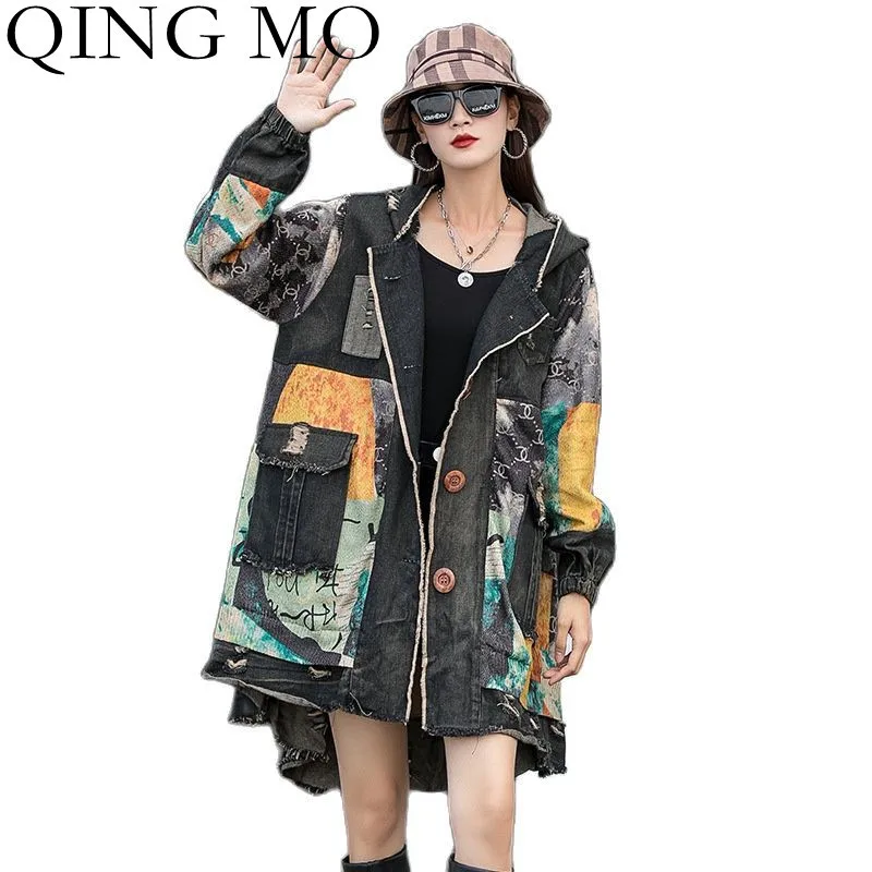 

QING MO Autumn Fashion Retro Printed Stitching Denim Hooded Jacket Women 2021 New Plus Size Cardigan Long Jacket Female ZWL1049