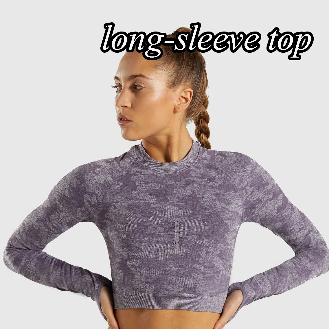 Long-sleeve purple Камуфляжной расцветки, Йога Комплект Для женщин бесшовные Фитнес бюстгальтер для йоги со спортивным бюстгальтером с рисунком камуфляж Высокая Талия тренажерный зал легинсы, штаны для фитнеса костюм тренировки - Цвет: Long-sleeve purple