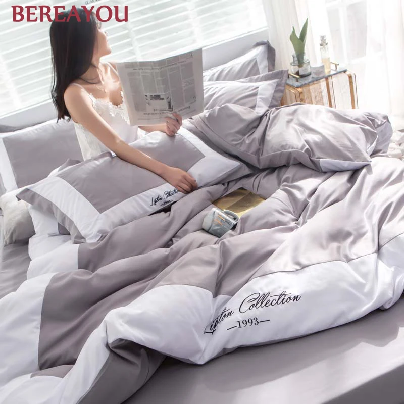 Роскошные комплекты постельного белья Tencel летние с пододеяльником сине серое