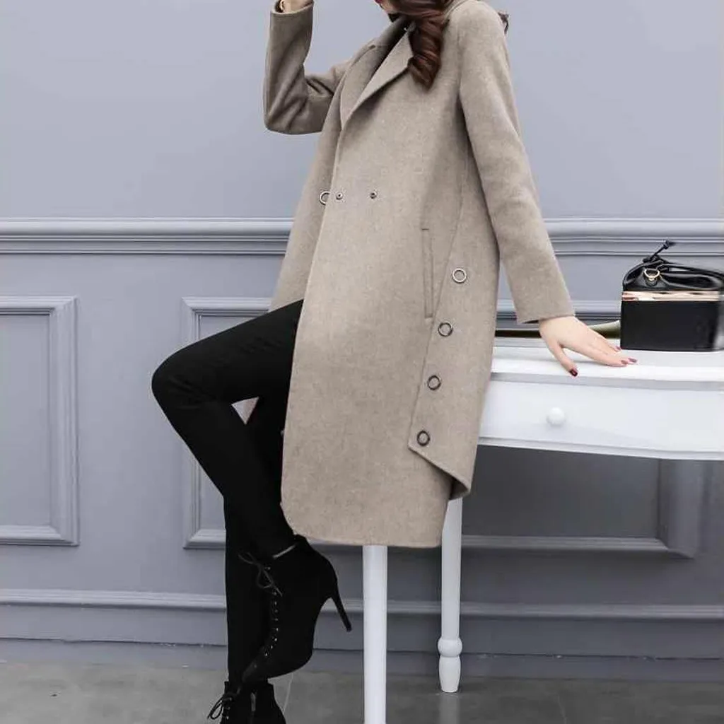 2019 Office Lady Women Long Winter Wool Blend Coat Slim Solid And Jacket Double Breasted Outerwear Plus Size 3xl#2 | Женская одежда