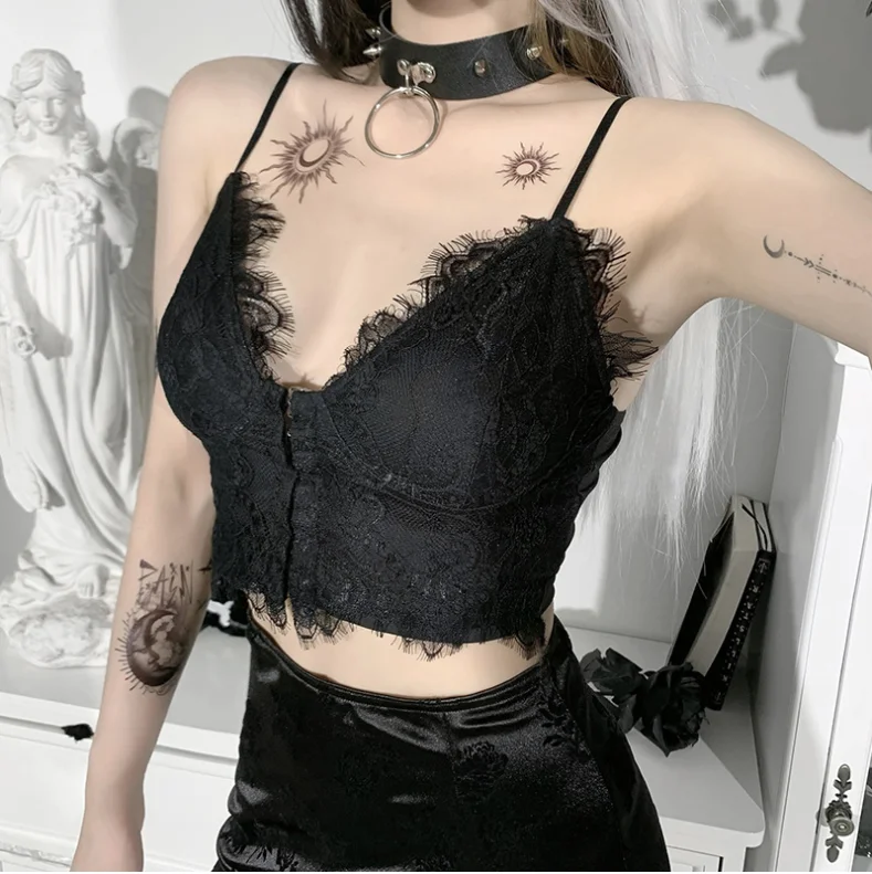 

2021 Gothic Harajuku Straps Spaghetti Cross Tops Y2k Tank Top Pentagram Print Black Camis Women Summer Cropped Top Sexy Backless