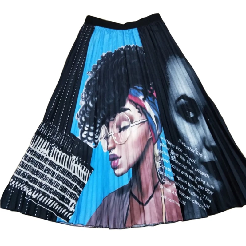 X Fashion Skirts Womens Cartoon Explosion Head Beauty Print Pleated Skirt High Waist Personality Maxi Elastic A-line | Женская одежда