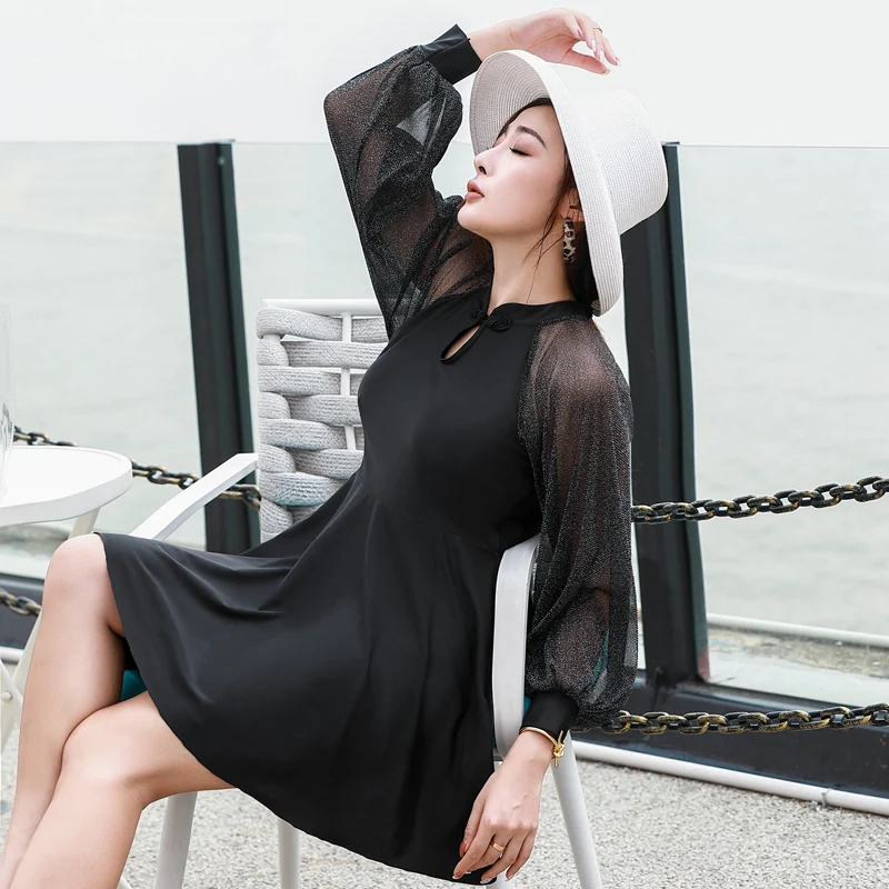Women Long Sleeve Tankini Set Swimsuit Plus Size High Waist Swimming Suit Bottom Luxury Models Swimwear Mesh 2 Piece Bath Dress