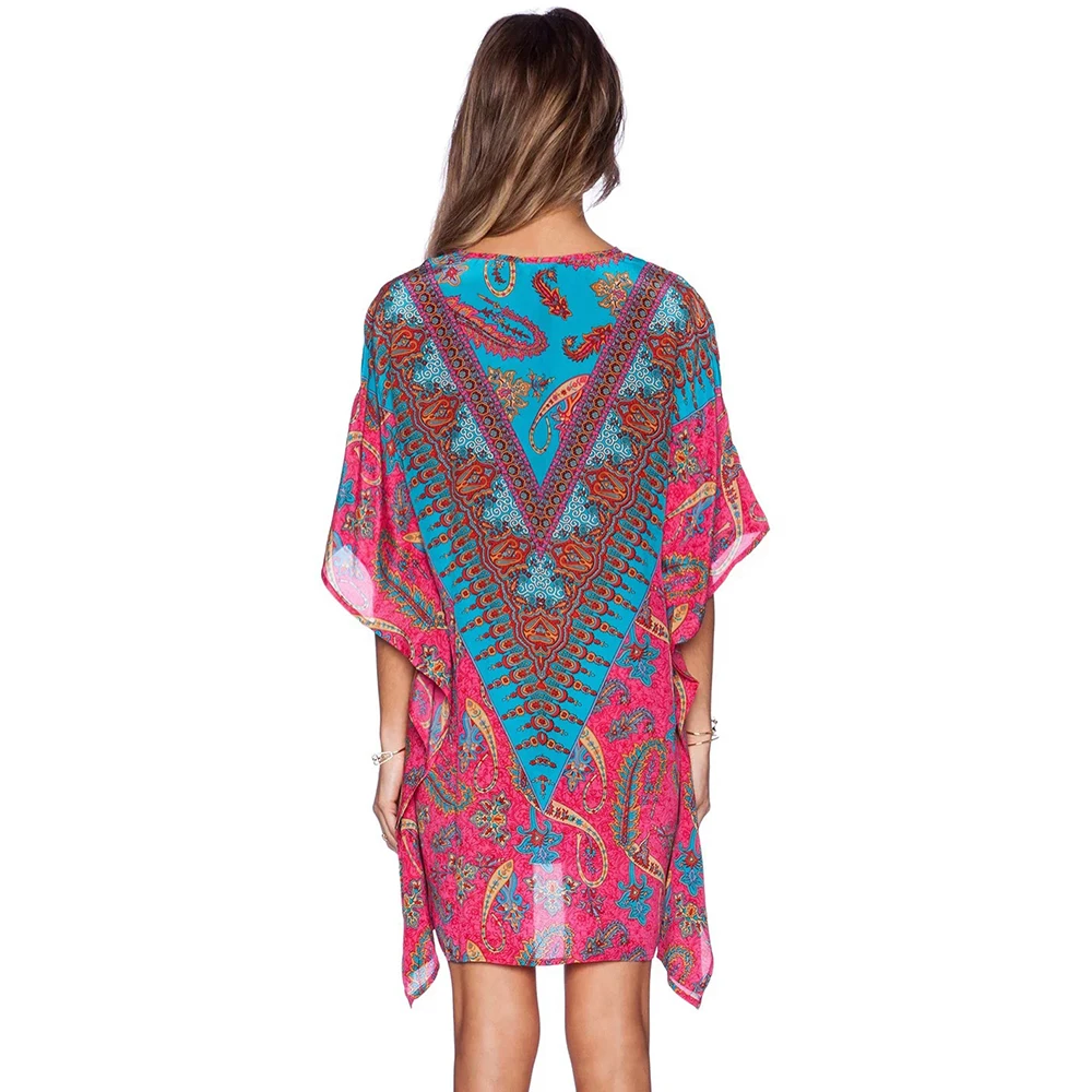 Suelto con cuello en V De las mujeres vestido manga murciélago estampado De tótem étnico De talla grande túnica Boho vestido, Vestidos De Mujer