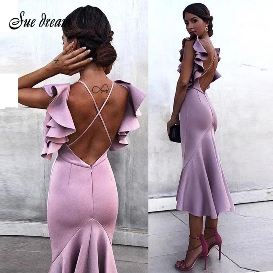 Женское летнее платье 2021 с оборками бабочкой и коротким рукавом открытой спиной