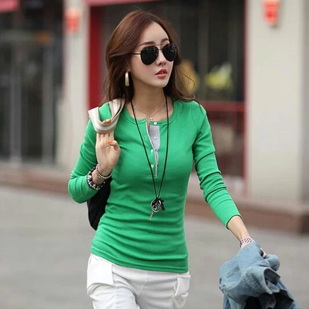 Модная зеленая и красная женская тонкая футболка с v образным вырезом длинным