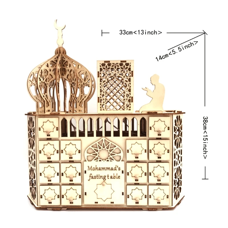 

Wooden Eid Mubarak Ramadan Advent Calendar LED Light DIY Muslim Islamic 30 Grids Countdown Drawer Decorations