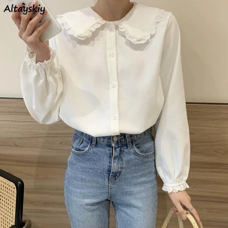 

Рубашка женская с воротником «Питер Пэн», элегантная однобортная блузка белого цвета с длинными рукавами, повседневный топ с кружевом, офисная одежда, весна