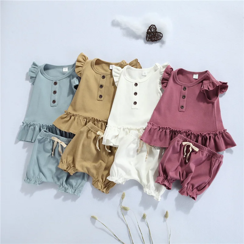 

Футболка и шорты для новорожденных девочек, однотонные летние комплекты одежды из 2 предметов с рюшами и эластичным поясом для маленьких де...