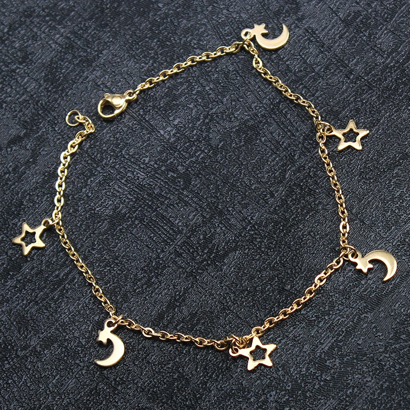 Stainless Steel Hollow Star Charm Anklet Gold Moon Crescent Pentagram Ankel Bracelets Joyas De Acero Inoxidable Para Mujer | Украшения и