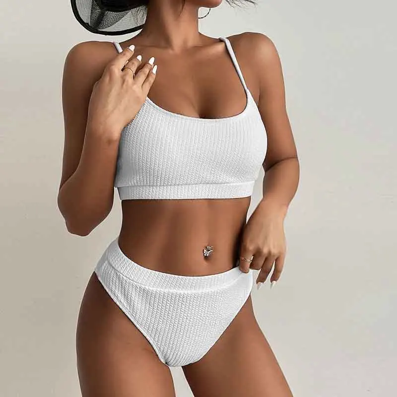 

Новинка 2021, Женский однотонный пляжный купальник с высокой талией, повседневный женский спортивный купальник бикини с эффектом пуш-ап, женс...