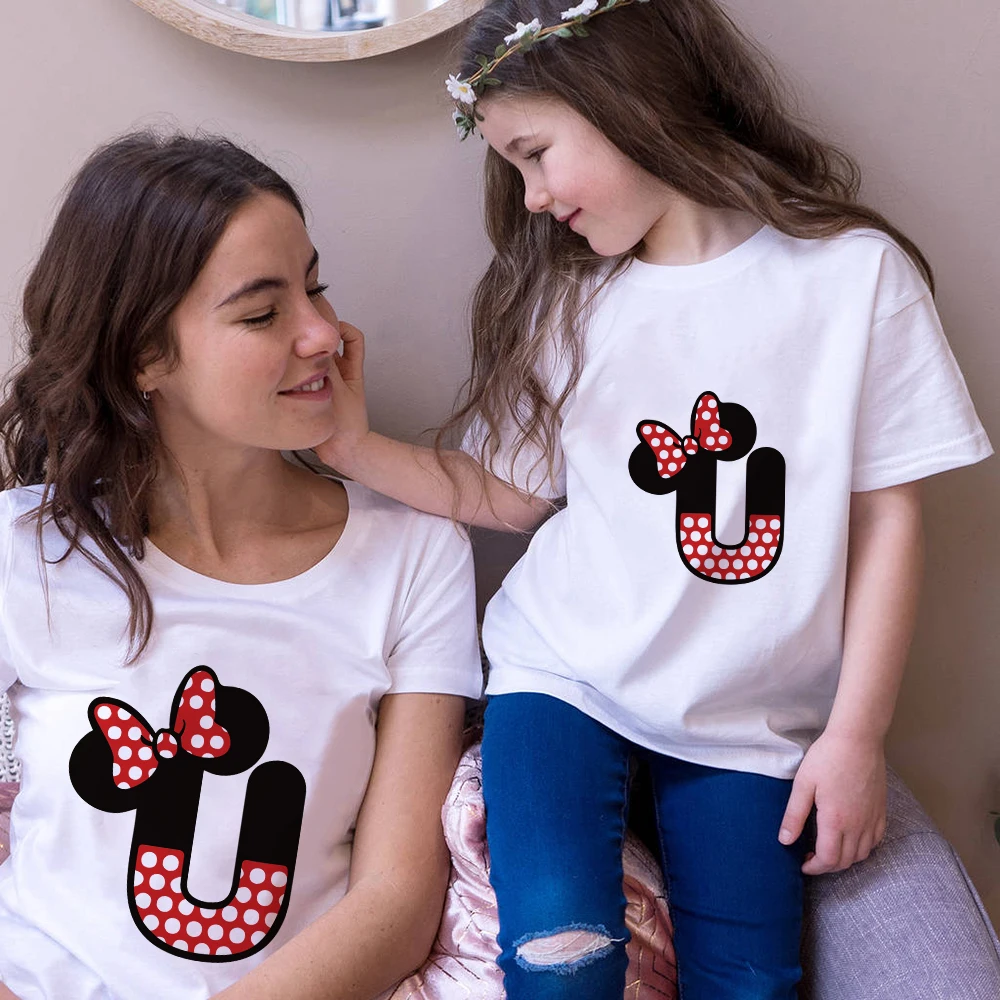 Mickey Mouse Style Letters ABC Print Family Matching Clothes Outfits Mommy Daughter Summer Short Sleeve O-neck White Tee Shirts | Мать и
