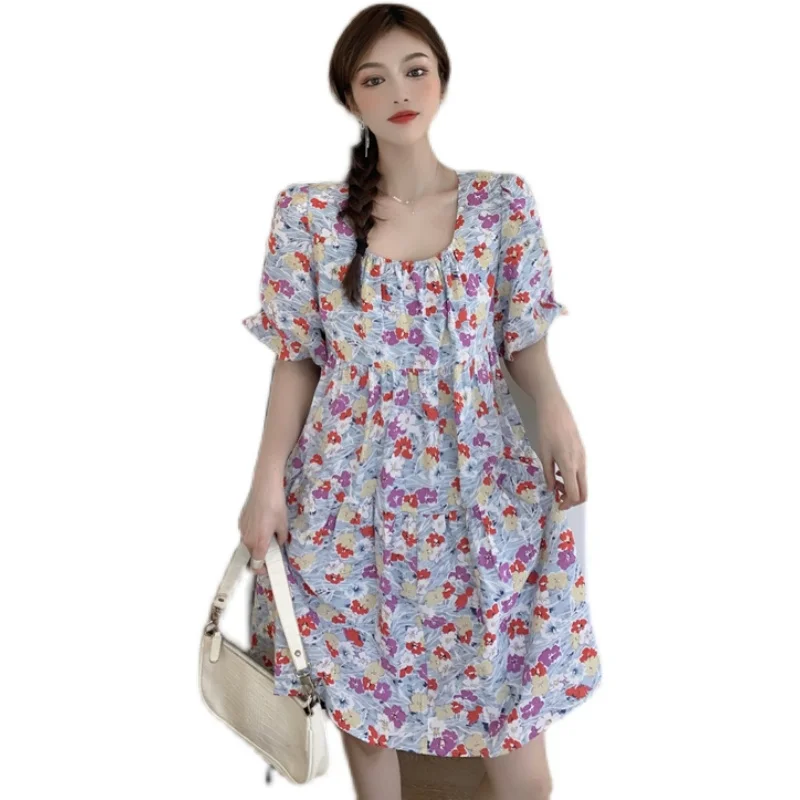 

COIGARSAM Chic Print Women dress French Style Short Sleeve Dresses Floral 3252