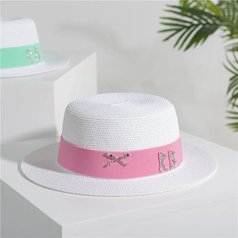 

QPALCR White Women Straw Hat Color Ribbon Fedora Wide Brim Lady Derby Straw Boater Sun Hat Summer Beach Cap Sailor Trilby Cap