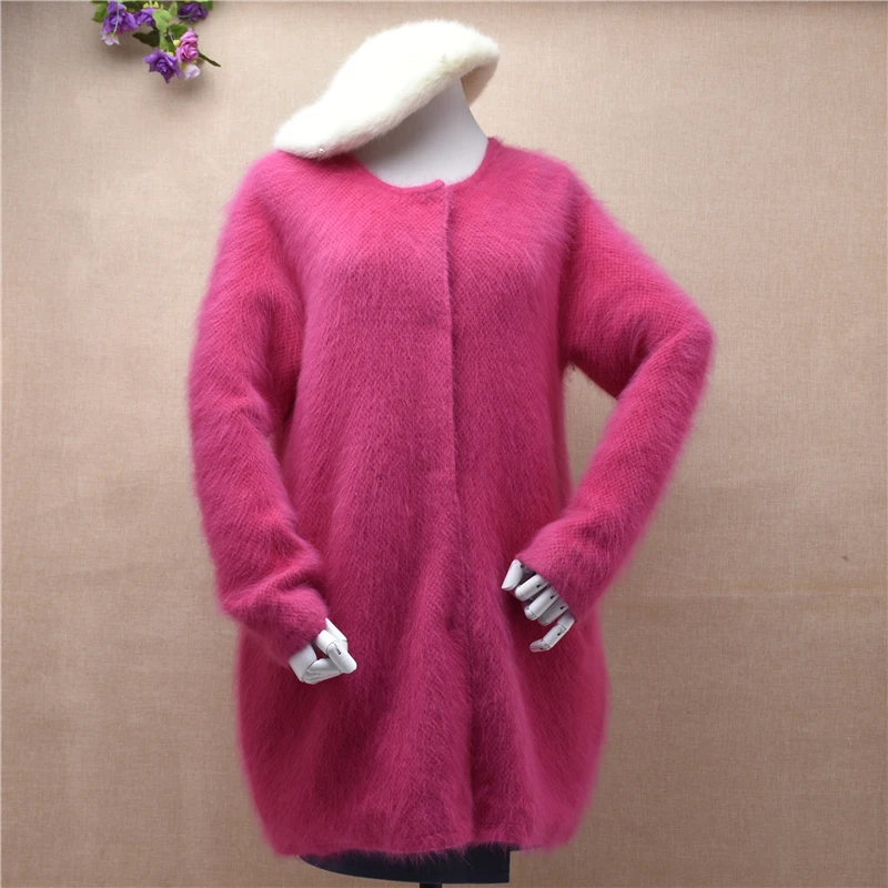 

Loose women's sweater cardigan pink elegant fur Angora rabbit fur mink high quality coat jacket cardigan o-neck long sleeve