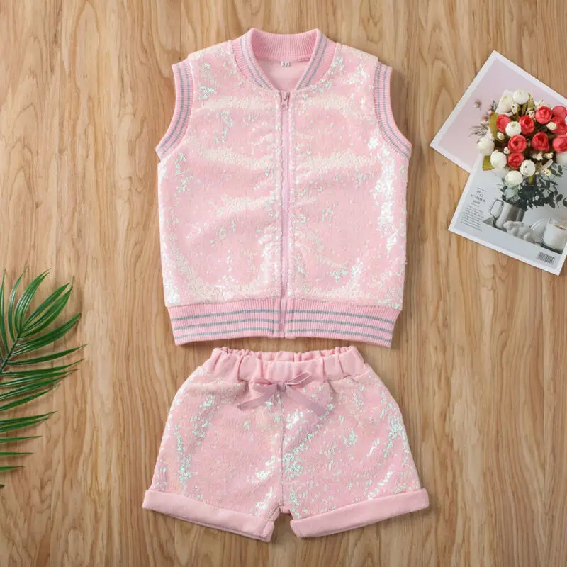 

Kid Baby Girl Clothes Sleeveless Sequins Zipper Vest Tops Coat+Bow Shorts Pants Outfit Kids Pink Suit