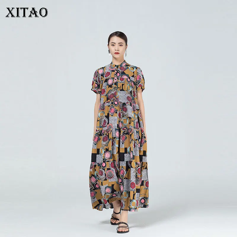 

Плиссированное Платье XITAO, с принтом, с контрастными цветными вставками, свободное, в богемном стиле, с коротким рукавом, модель WMD1095, лето 2021