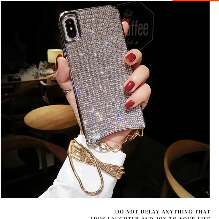Блестящие стразы, Алмазный чехол через плечо для iPhone XS MAX XR X 6 8 7 Plus 11 Pro, Женский чехол с длинным ремешком и металлической цепочкой