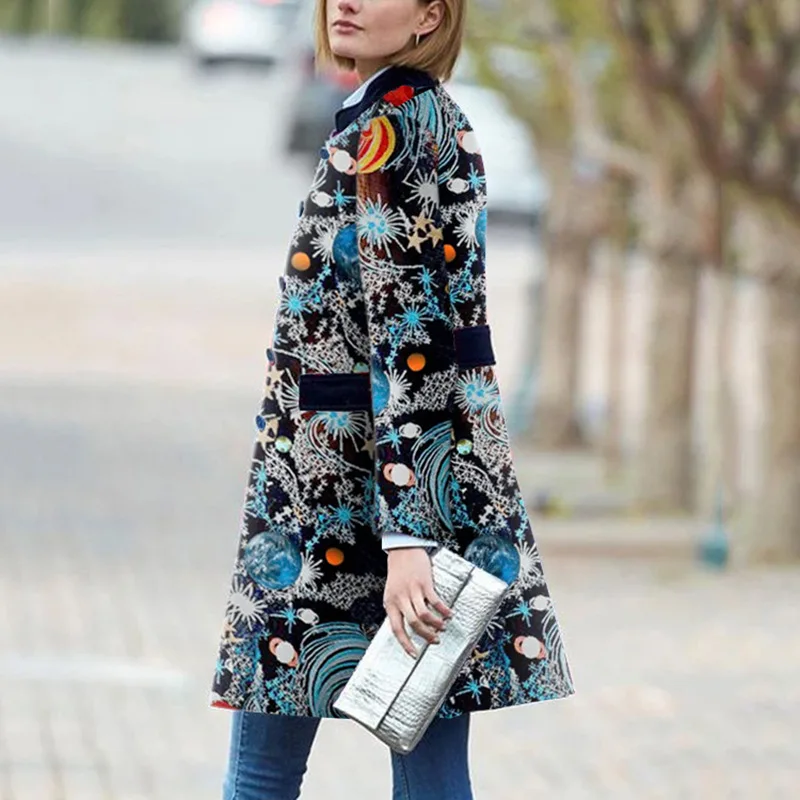 

Mandylandy Women's Casual Long Sleeve Printed Woolen Coat Autumn Fashion Single Breasted Turn-down Collar Loose Long Coat