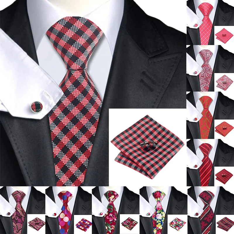 Привет галстук 100% шелковый для мужчин ручной Запонки Набор красный 150 см большой