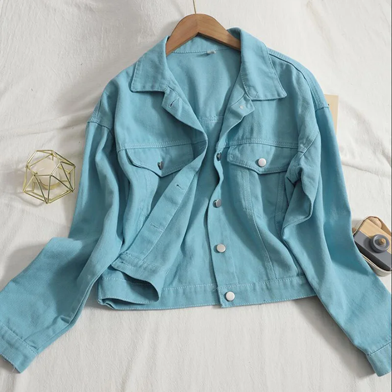 

Autumn New Long Sleeve Loose White Pink Jeans Top For Women Solid Denim Jacket Casual Short Coat Ladies Jackets Tops