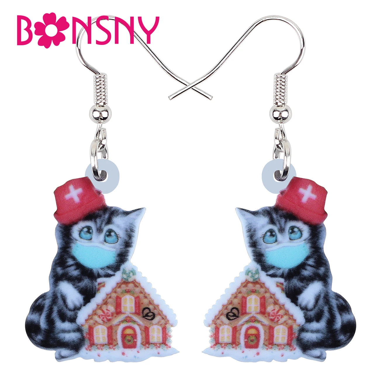 

BONSNY Acrylic Christmas Snow House Nurse Cat Kitten Earrings Trendy Drop Dangle Pets Jewelry For Women Girls Charms Gifts