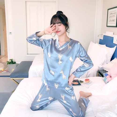 CQ 901 lan Осенняя Шелковая пижама с длинным рукавом для женщин pijama mujer, милый пижамный комплект с мультяшным принтом, домашняя одежда, длинные штаны, сексуальные пижамы - Цвет: CQ 901 lan