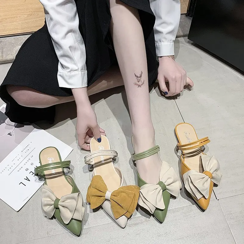 

Butterfly-Knot Slippers Women Summer Luxury Slides Shoes Pantofle Female Mule Low Designer 2021 Mules Rome Square heel Basic But