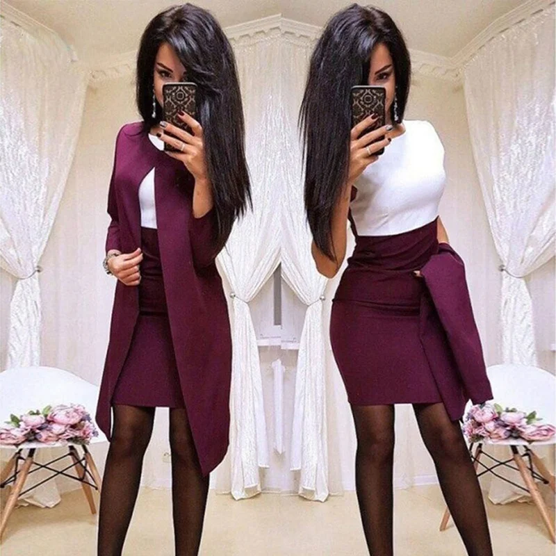 

New Sexy Formal Dress Suits 2021 Stitching Solid Color Professional Women's Skirt Suit Women Long Blazer Jacket+Sheath Dress