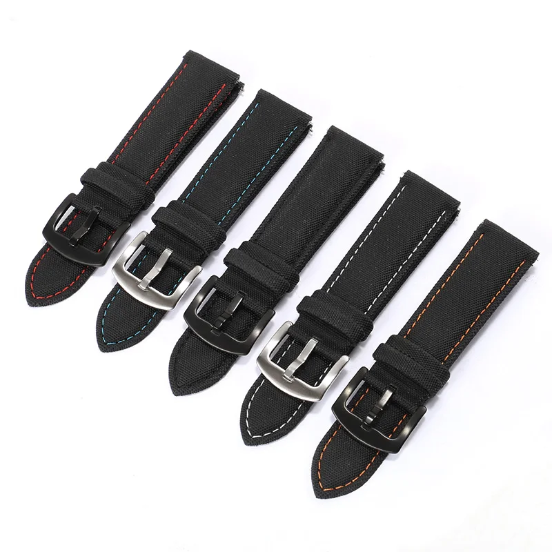 Waterproof Nylon Canvas Watchband 20 21 22 23 24mm Black With White Blue Red Line For Men's Watch Accessories Quick Release