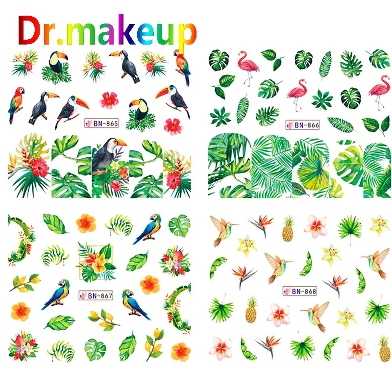 Dr.makeup 12pcs 3D Summer Water Transfer Nail Stickers DIY Flamingo Flower Pink Adhesive Sliders Manicure Art Decals | Красота и