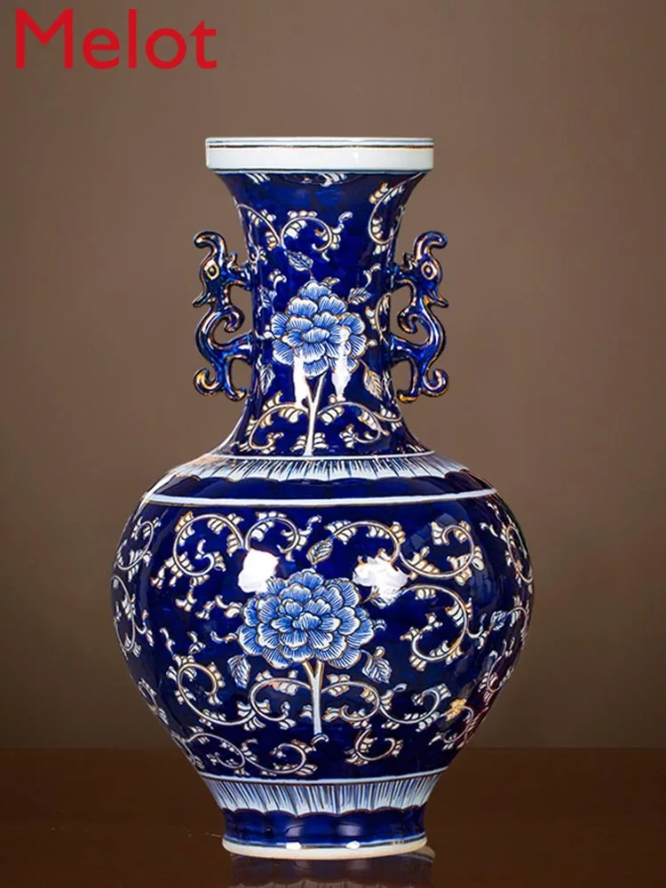 

Jingdezhen porcelain hand painted blue and white porcelain floor vase antique new Chinese style living room porcelain ornaments