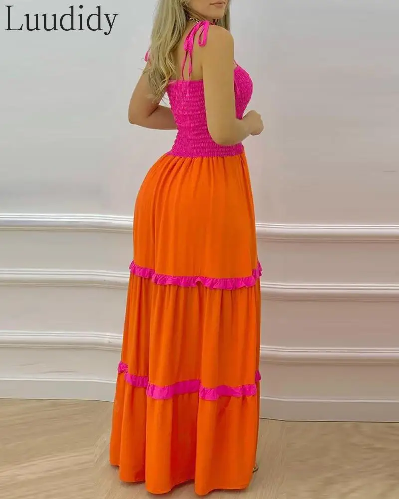 

Summer Women Colorblock Shirred Buttoned Slit Maxi Dress