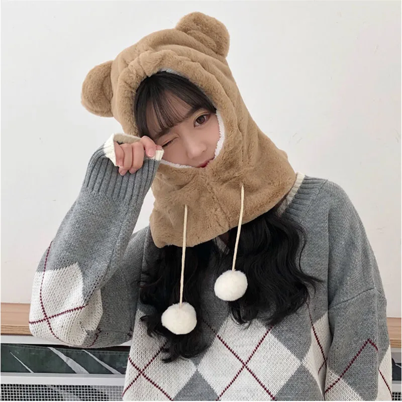 

2018 Fashion Women Winter Cartoon Bear Cap Scarf Coral Velvet Hat Female Bomber Hats Christmas Gift AD0693