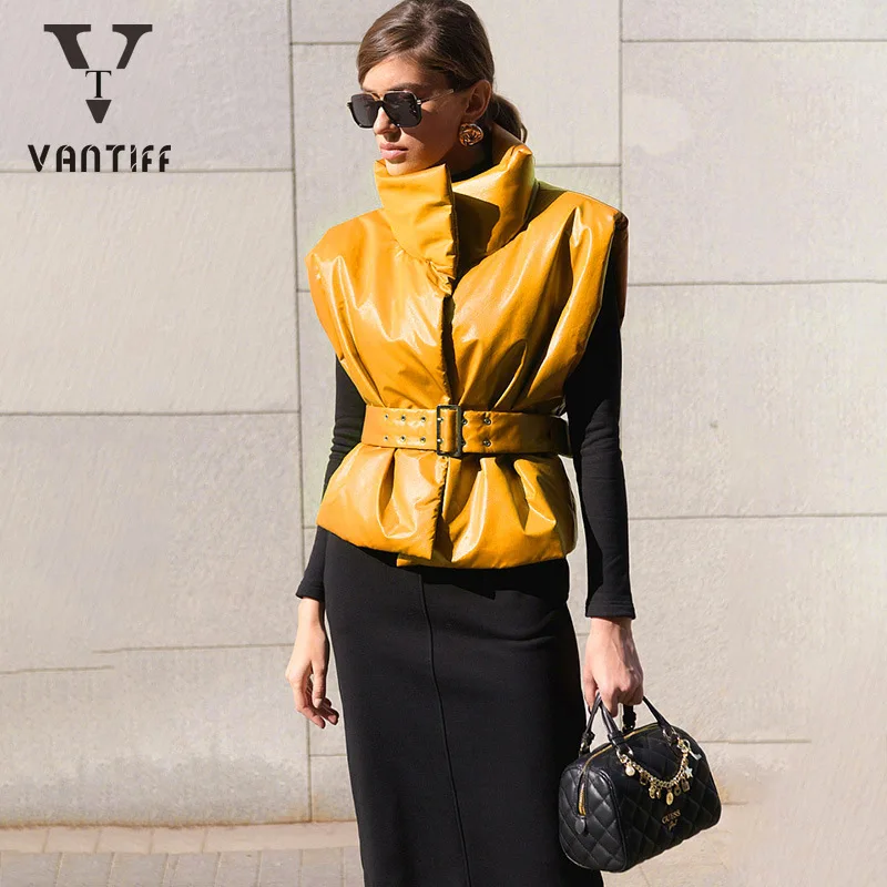 

Fashion Streetwear Waist Belt Vest Women Winter Solid Color Stand Collar Leather Vest Women Jacket Womens Vest for Female