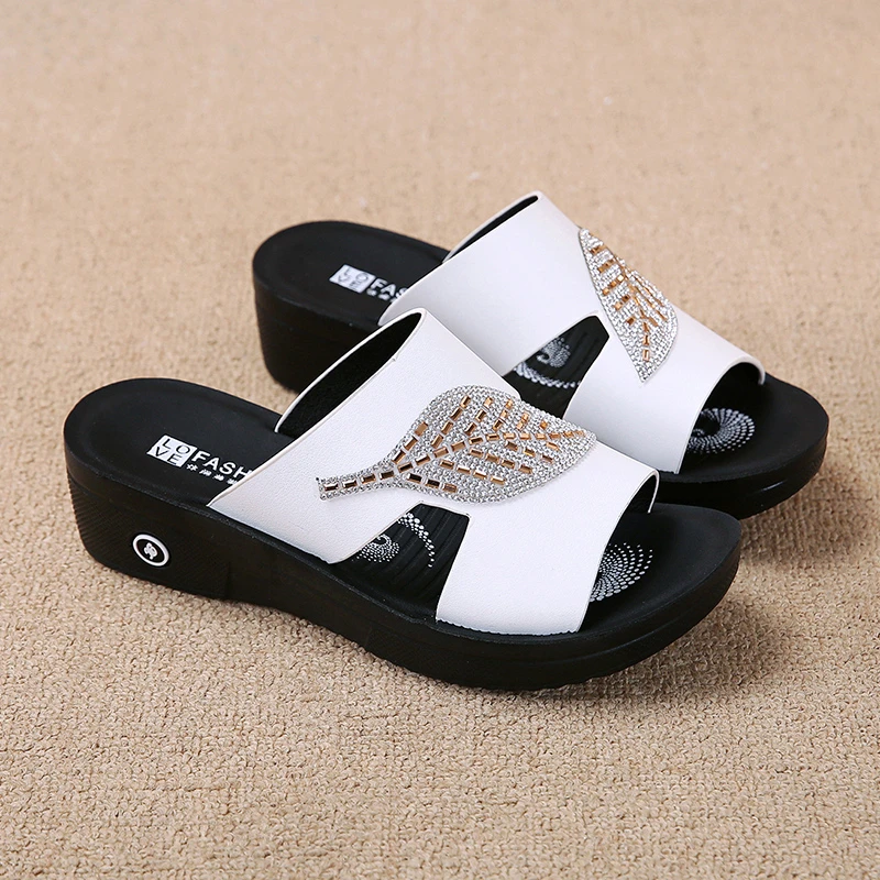 

NEW Summer Women Sandals Slippers Leather Rhinestone Leaves Ladies Shoes Wedges Girl Slides Soft Comfortable Female Footwear