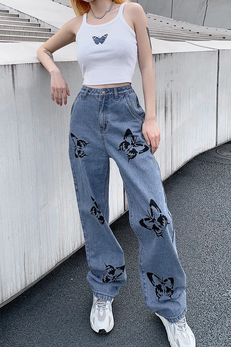 

Woman's Fashionable Butterfly Print Jeans, Loose Casual Straight-leg High Waist Trousers, Daily Life