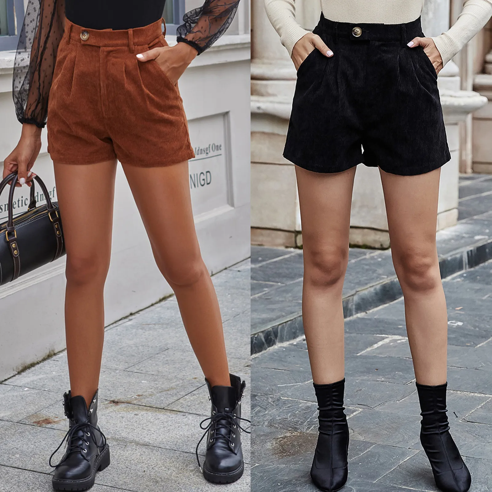 

2021 Fashion Women Corduroy Two Pockets High Waist Straight Warm Shorts Casual Solid Button Shorts Comfortble Feminino Shorts