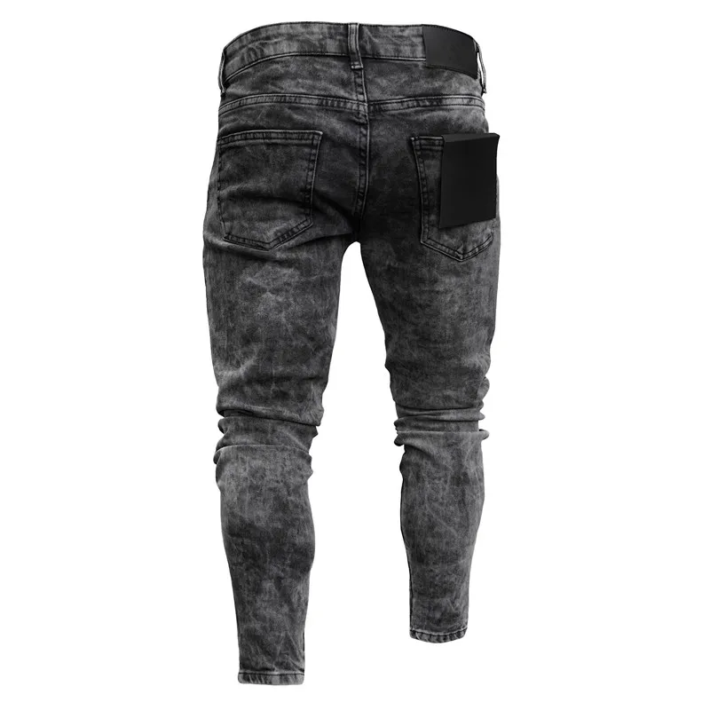 Men's Ripped Stretch Mid-Waist Denim Trousers With Small Feet And Zipper