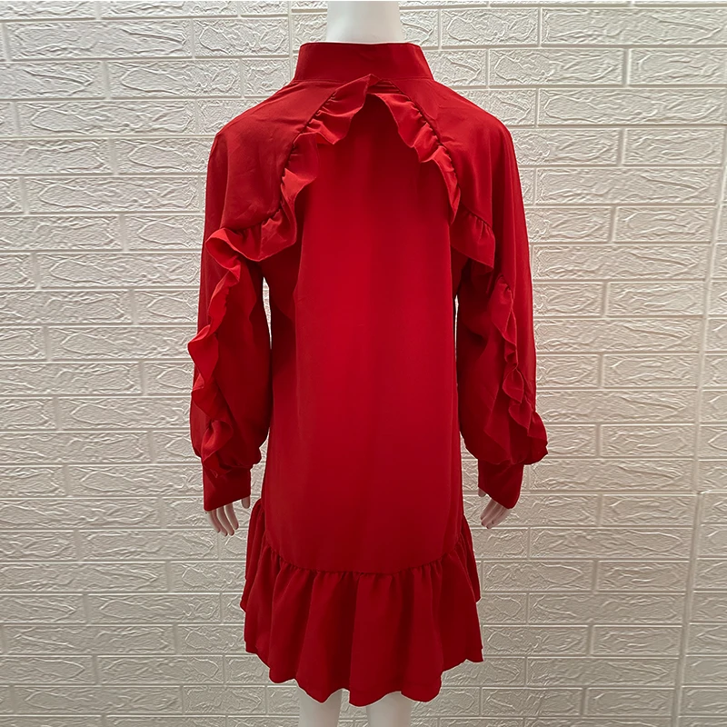 

Ruffle Hem Casual Dresses Women Solid Color Long Sleeve Short Dress Spring Fashion Chic Picnic Holiday Party Beach Dress