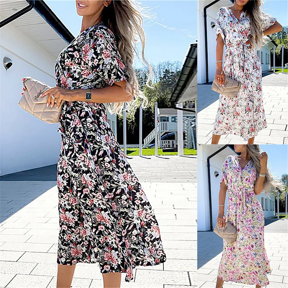 

21 new summer style for women in Europe and the United States printed closed waist lace-up large medium long dresses