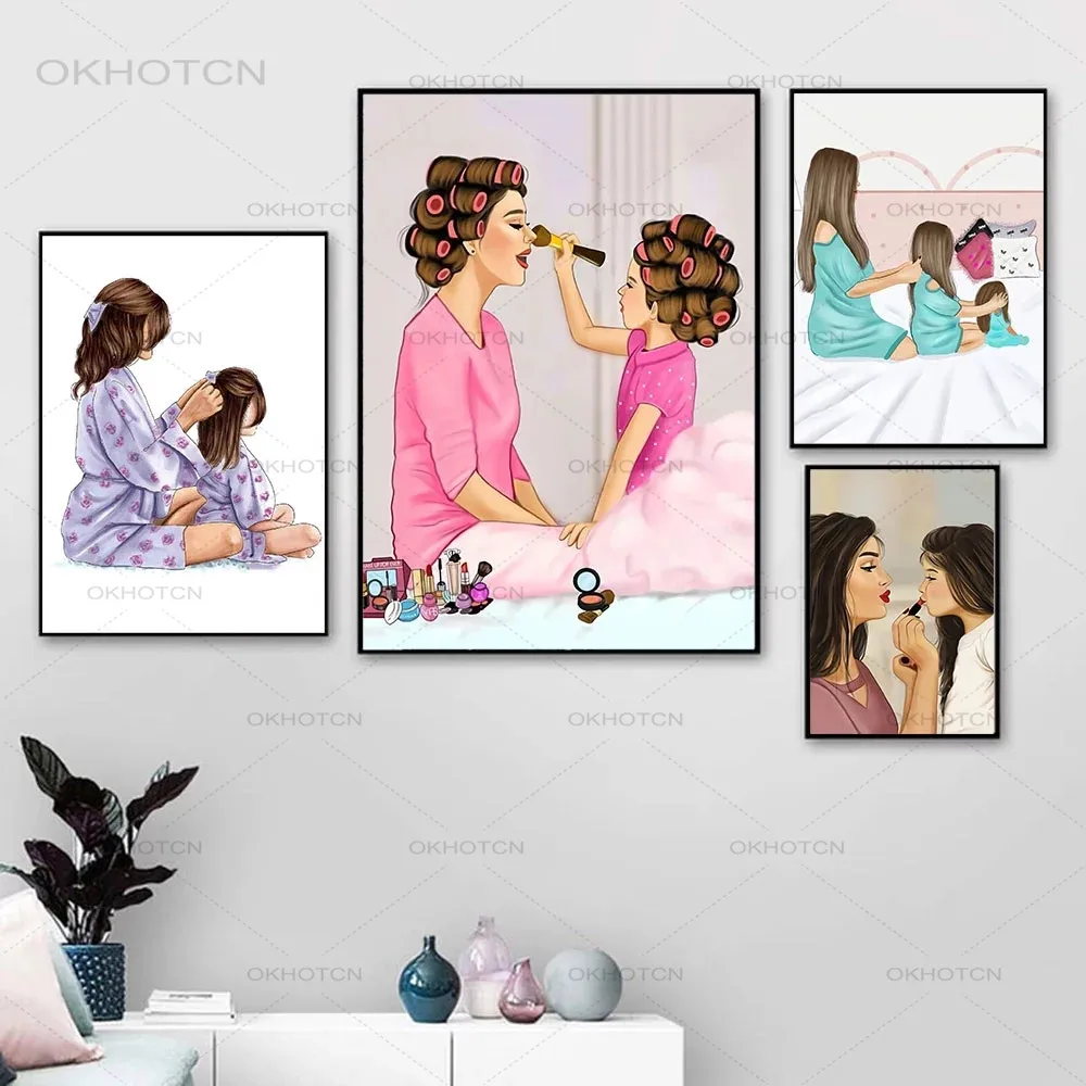 

Плакат для макияжа матери и дочери, семейная Настенная картина на холсте, Прекрасный Принт и плакат, картина для гостиной, домашнее искусств...