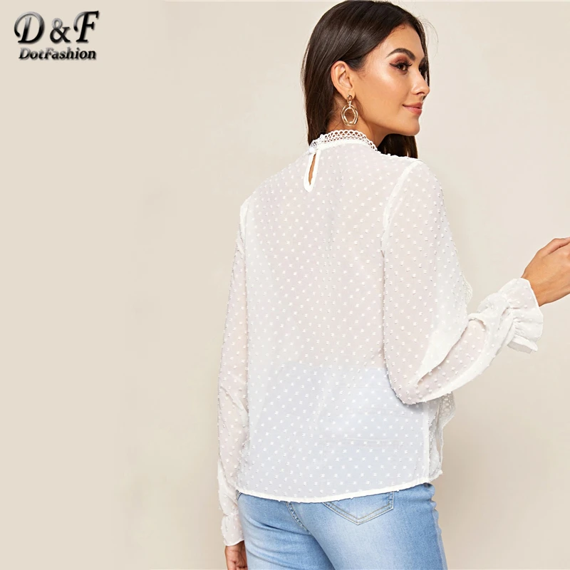 Dotfashion, повседневная, контрастная, кружевная, с оборкой, женская блузка,, осень, с воланами, рукав, блузки, для девушек, белый, швейцарский, в горошек, деталь, Топ