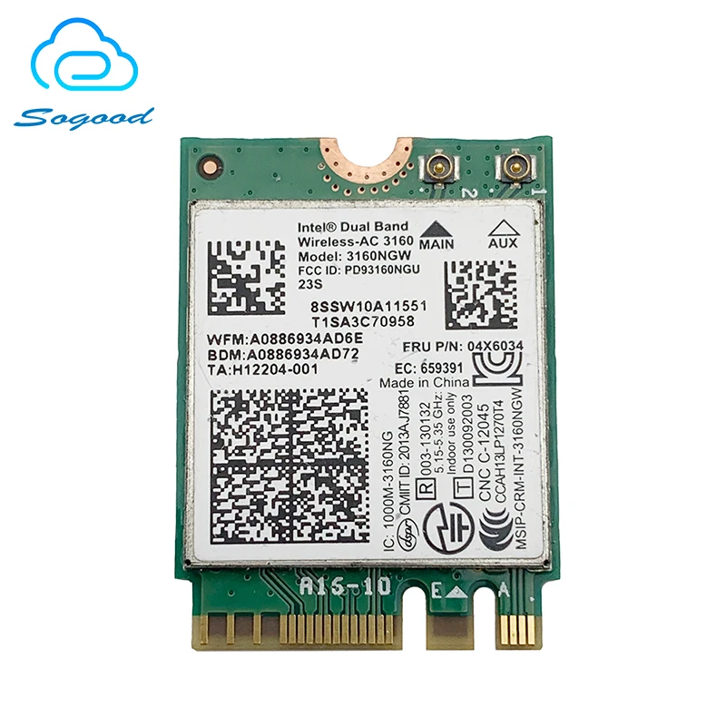 Intel Двухдиапазонная Беспроводная AC 3160 3160NGW BT4.0 433 Мбит/с FRU 04X6034 сетевая карта для